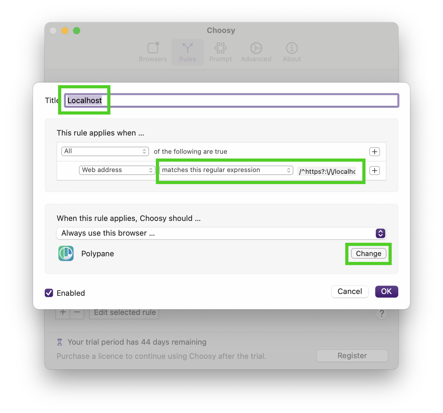 The Choosy UI with a popup to add a rule.