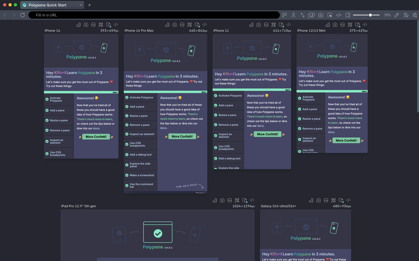 Polypane showing six different panes in one overview, emulating different devices and viewports