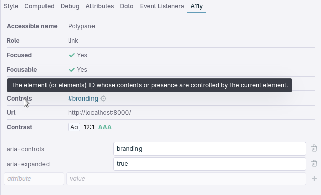 A tooltip showing for the 'controls' property explaining that it's a list of IDs controlled by this element