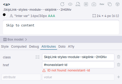 Elements panel showing a broken skip link in the attribute overview