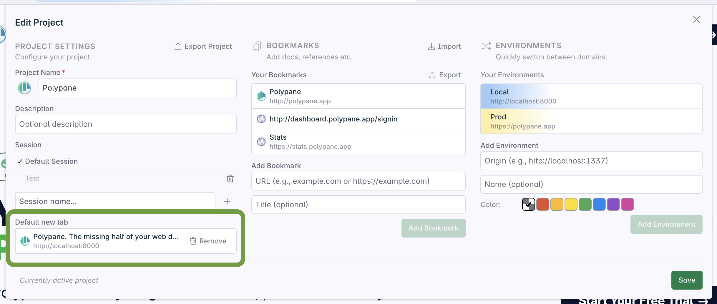 Setting the default tab for a project