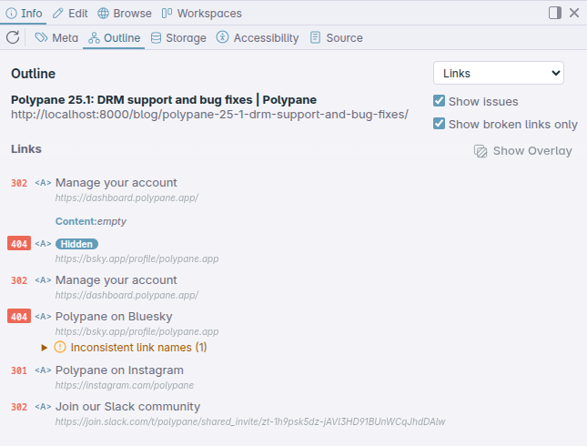 Polypane showing only links with issues on this page