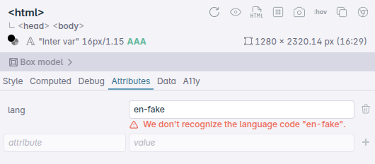 Elements panel showing an unknown language value