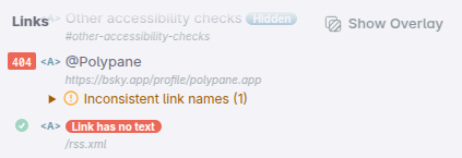 Polypane outline showing a link with no text content