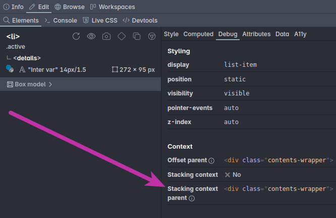 Element debug panel with an arrow pointing to the stacking context parent