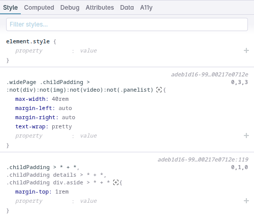 Filter styles input in the Style tab