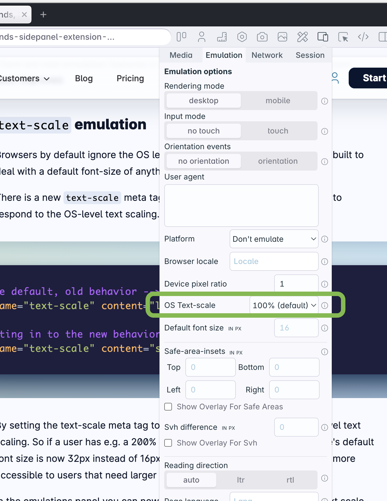 The text-scale emulation in the emulations panel